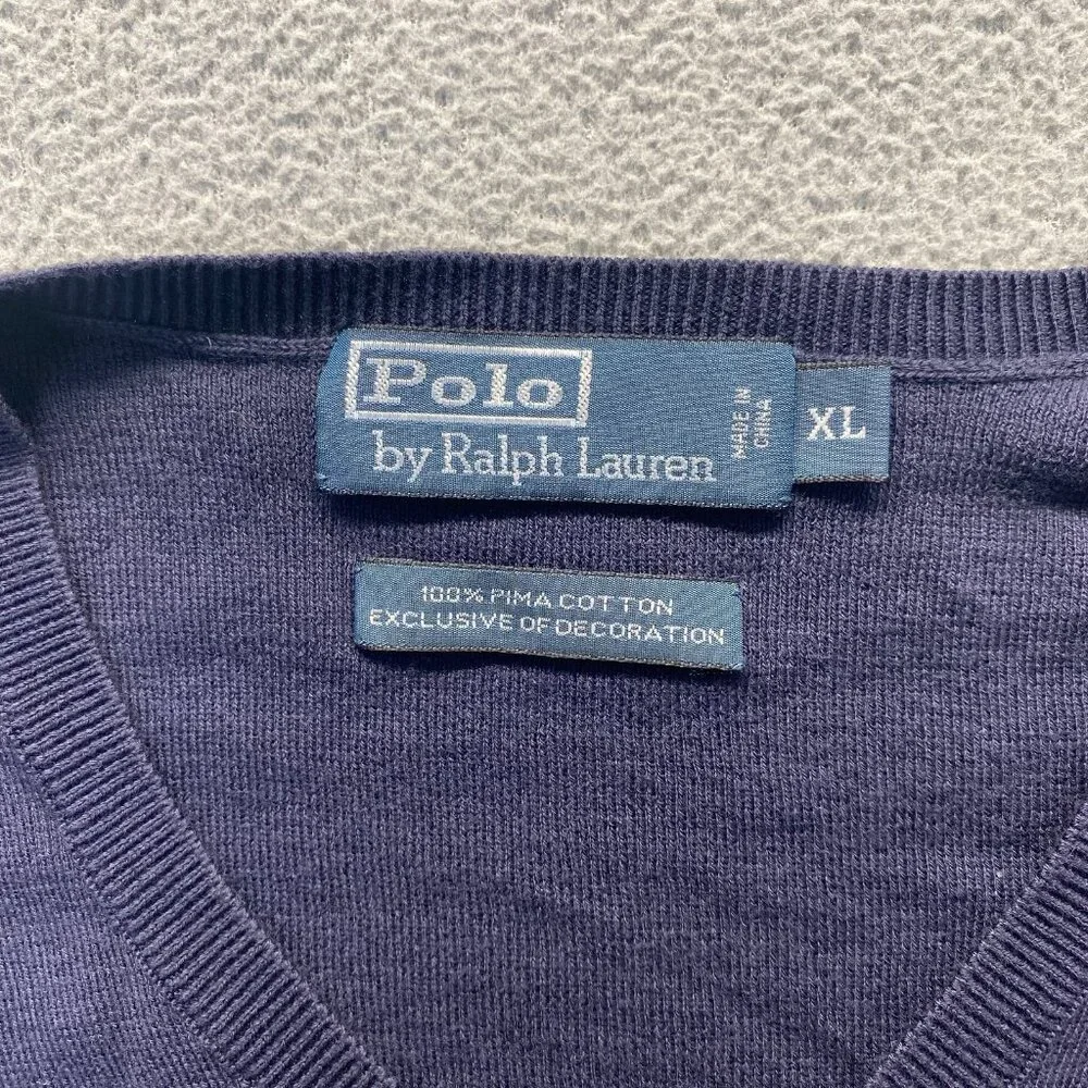 Polo Ralph Lauren Sweater Mens Size XL Blue V-Neck Pima Cotton Knit Pullover